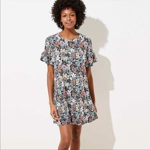 LOFT Floral Short Ruffle-Sleeve Swing Dress in Black Multi
